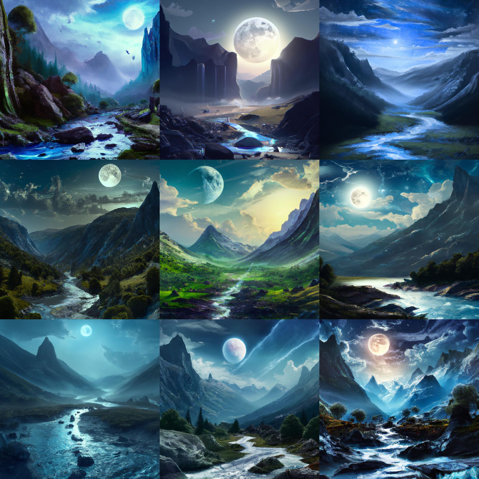 Moonlit River Valley in Digital Matte Painting Style