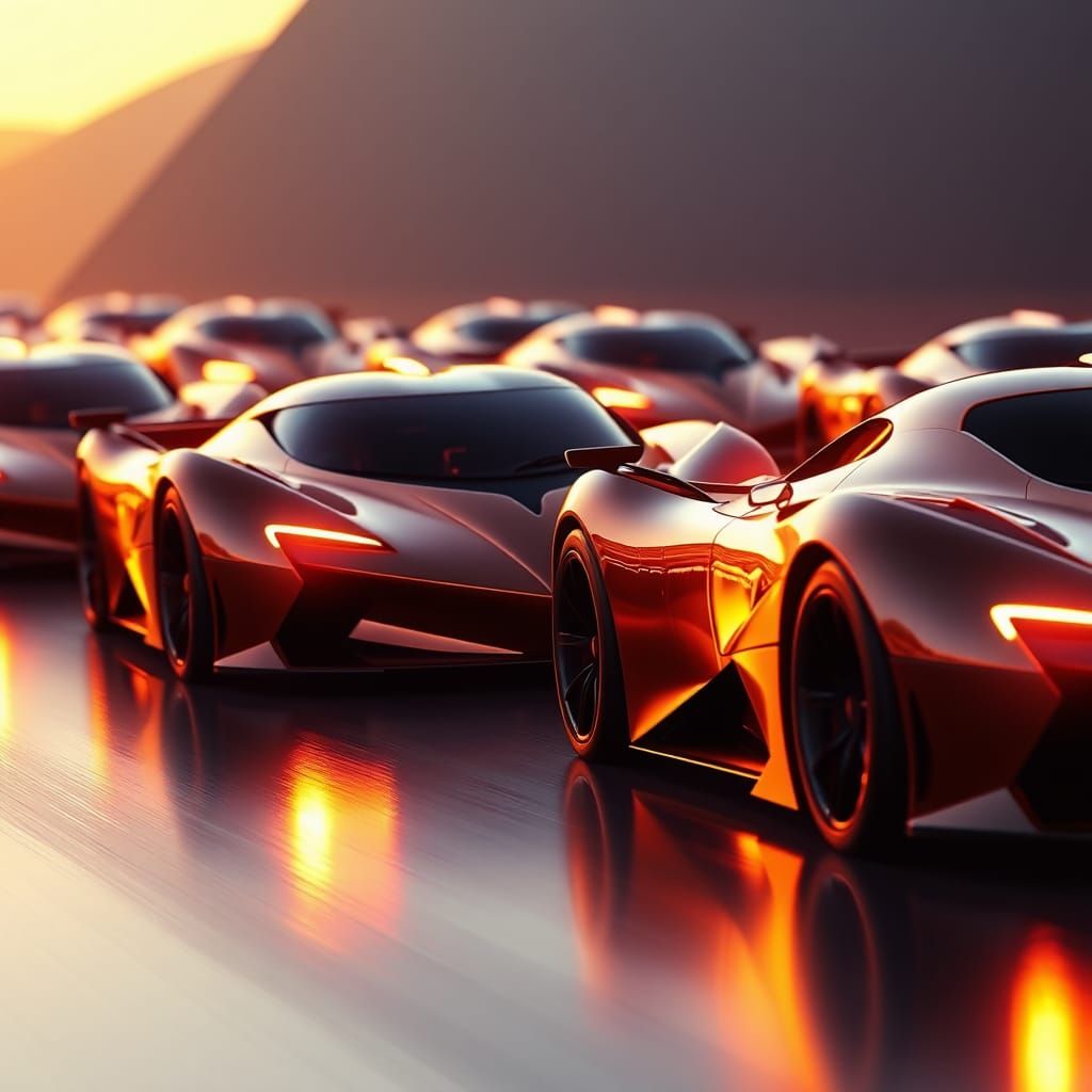 Golden Supercars in Futuristic Digital Art Style