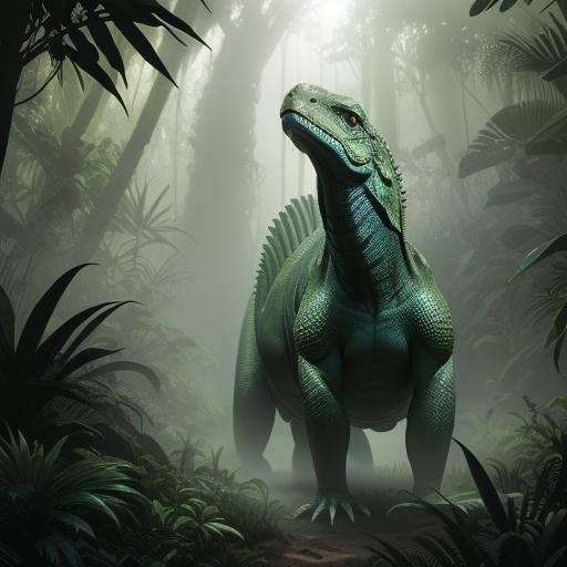 Woman Rides Giant Lizard in Jungle Concept Art