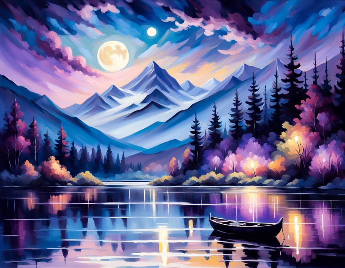 Moonlit Lake at Night in Impressionism Style