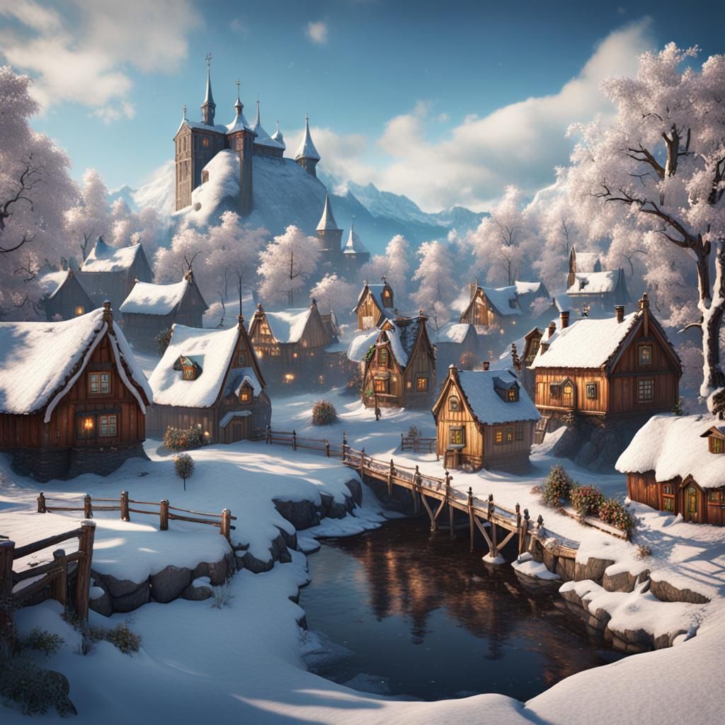 Charming Snowy Swedish Village in Detailed Digital Art