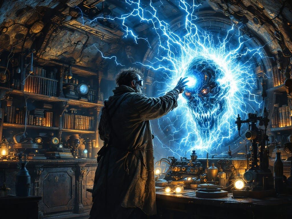 Mad Scientist Conducts Arcane Experiment in Secret Lair