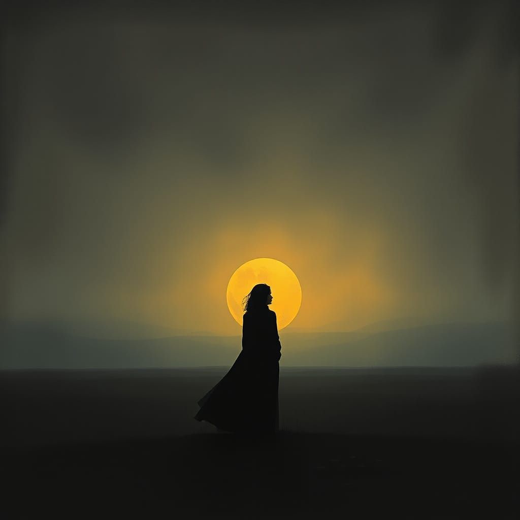 Woman in a Dark, Misty Landscape with Warm Glow