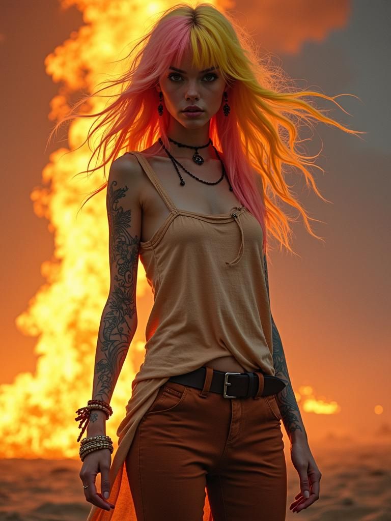 Young Woman and Fire Tornado with Body Tattoos