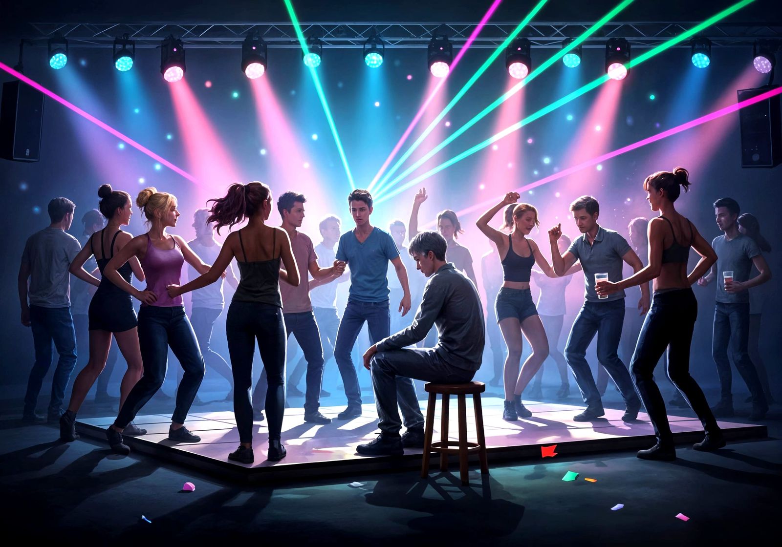 Vibrant House Party with a Sad Outsider