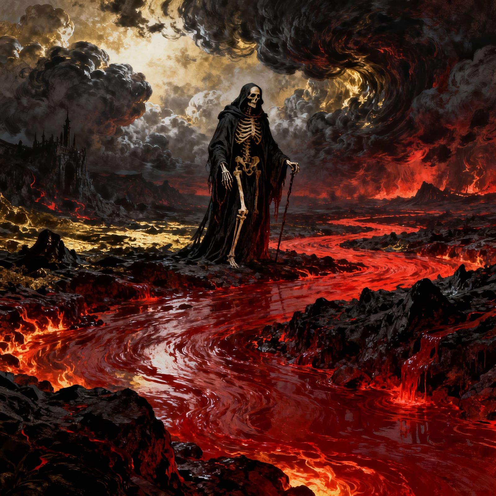 Death in Hell's Fiery Depths as a Skeletal Figure