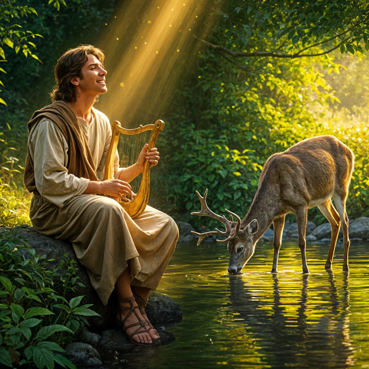 Joyful Harpist and Majestic Deer in Hyperrealistic Style