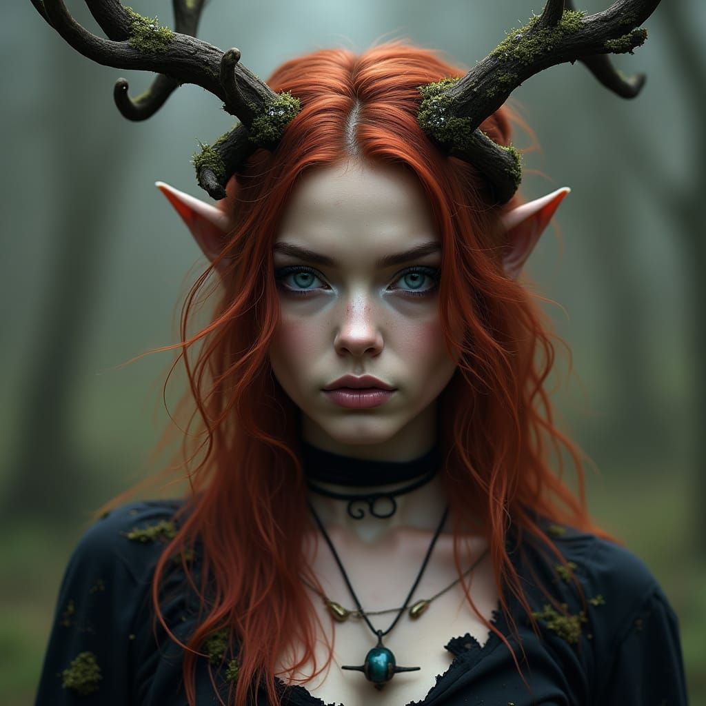 Mystical Red Haired Witch Adorned with Antlers