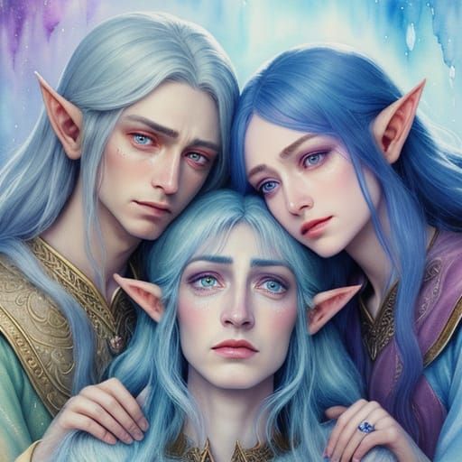 Frightened Elven Siblings in Watercolor Style