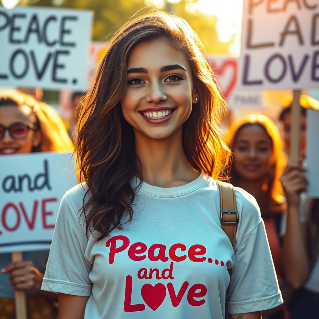 Woman in Peace T-Shirt Surrounded by Friends