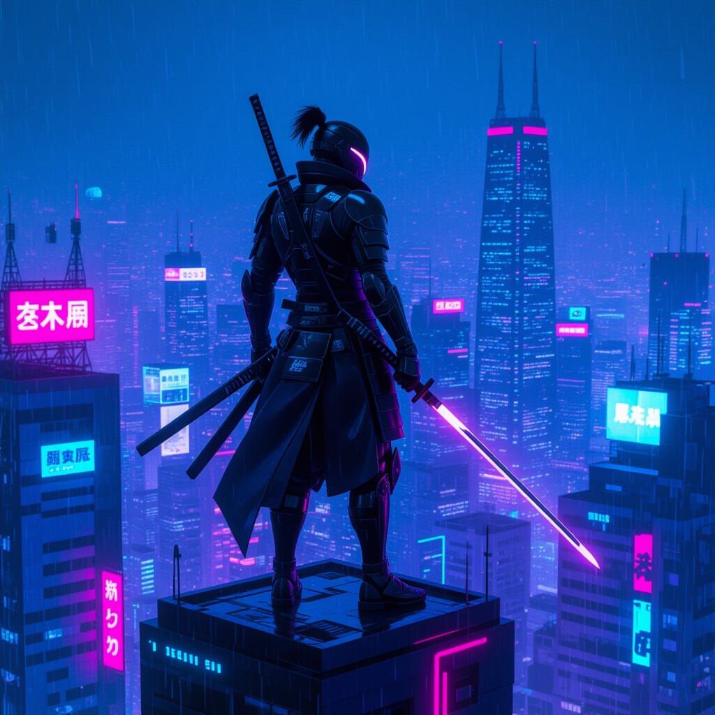Cyberpunk Samurai Warrior on Neon Skyscraper