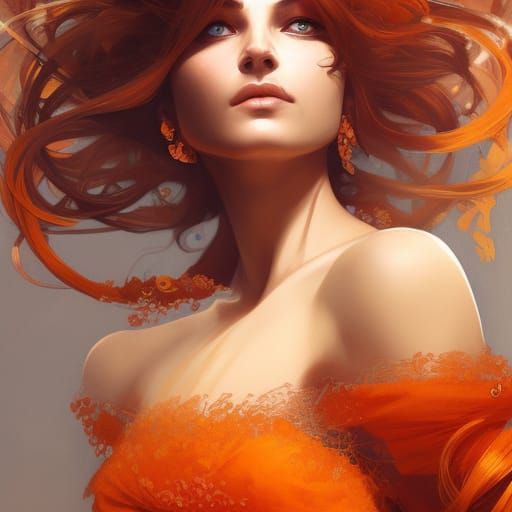 Fierce Lady in Orange Dress: Hyperdetailed Portrait