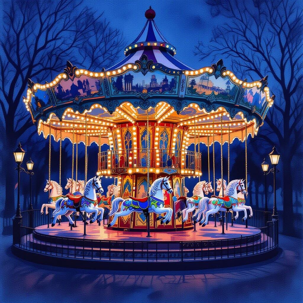 Gothic Carousel at Dusk in Dark Watercolor Style