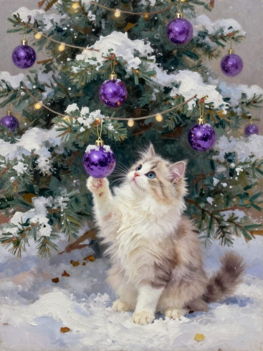Fluffy Kitten Plays in Snow-Covered Christmas Tree