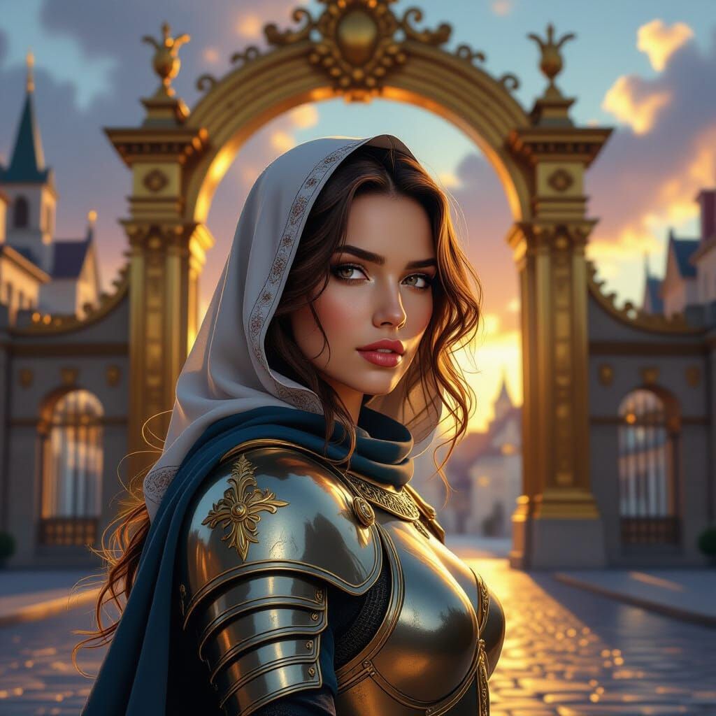 Joan of Arc at Golden City Gate, Hyperrealistic Splash Art