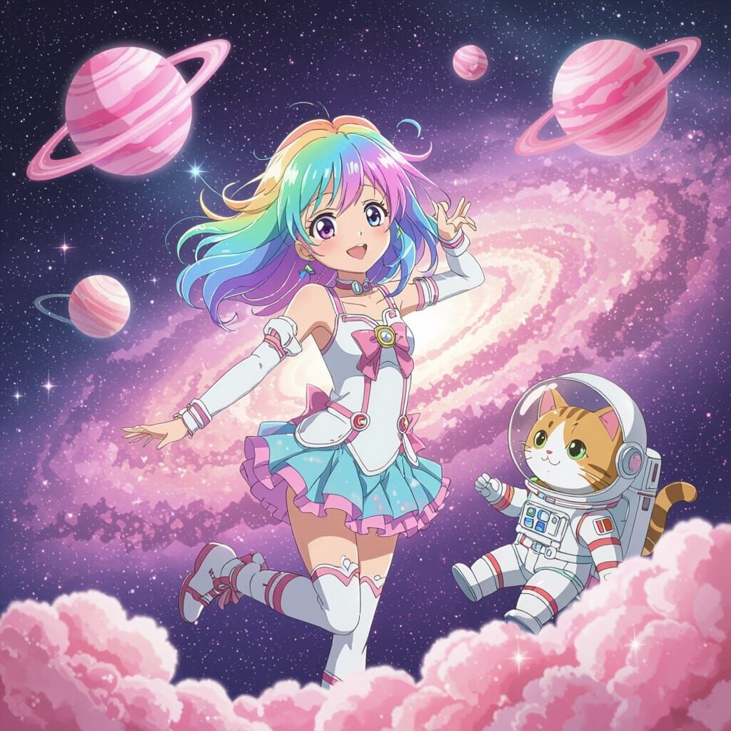 Anime Girl in Pastel Galaxy with Astronaut Cat