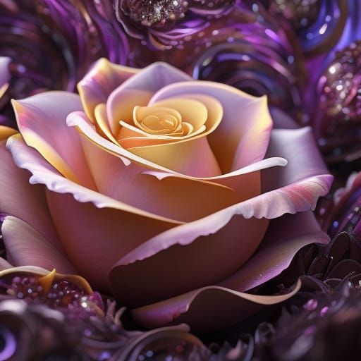 Crystallized Fiery Rose in Fractal Ink Painting Style