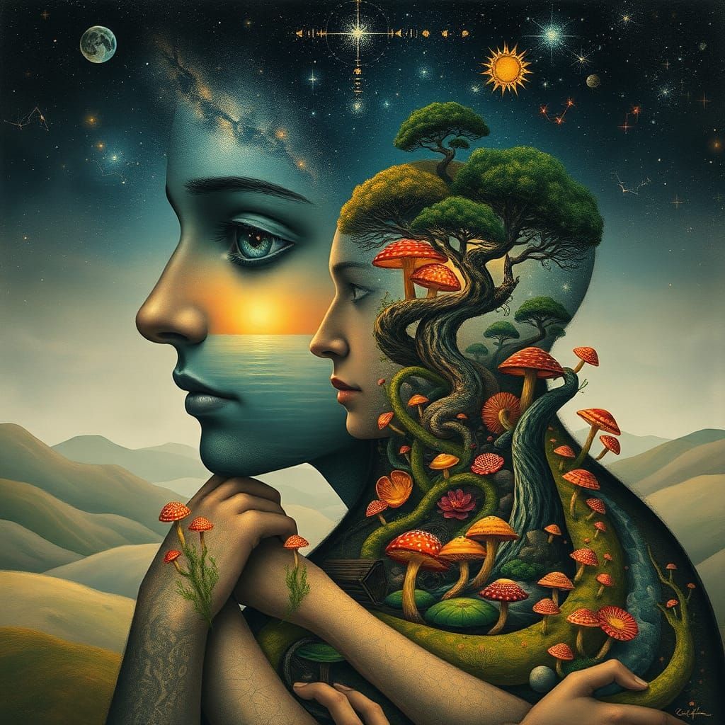 Ethereal Mindscape: Intertwined Figures in Double Exposure S...