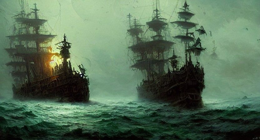 Eerie Ghost Pirate Ship: Dark Fantasy Painting