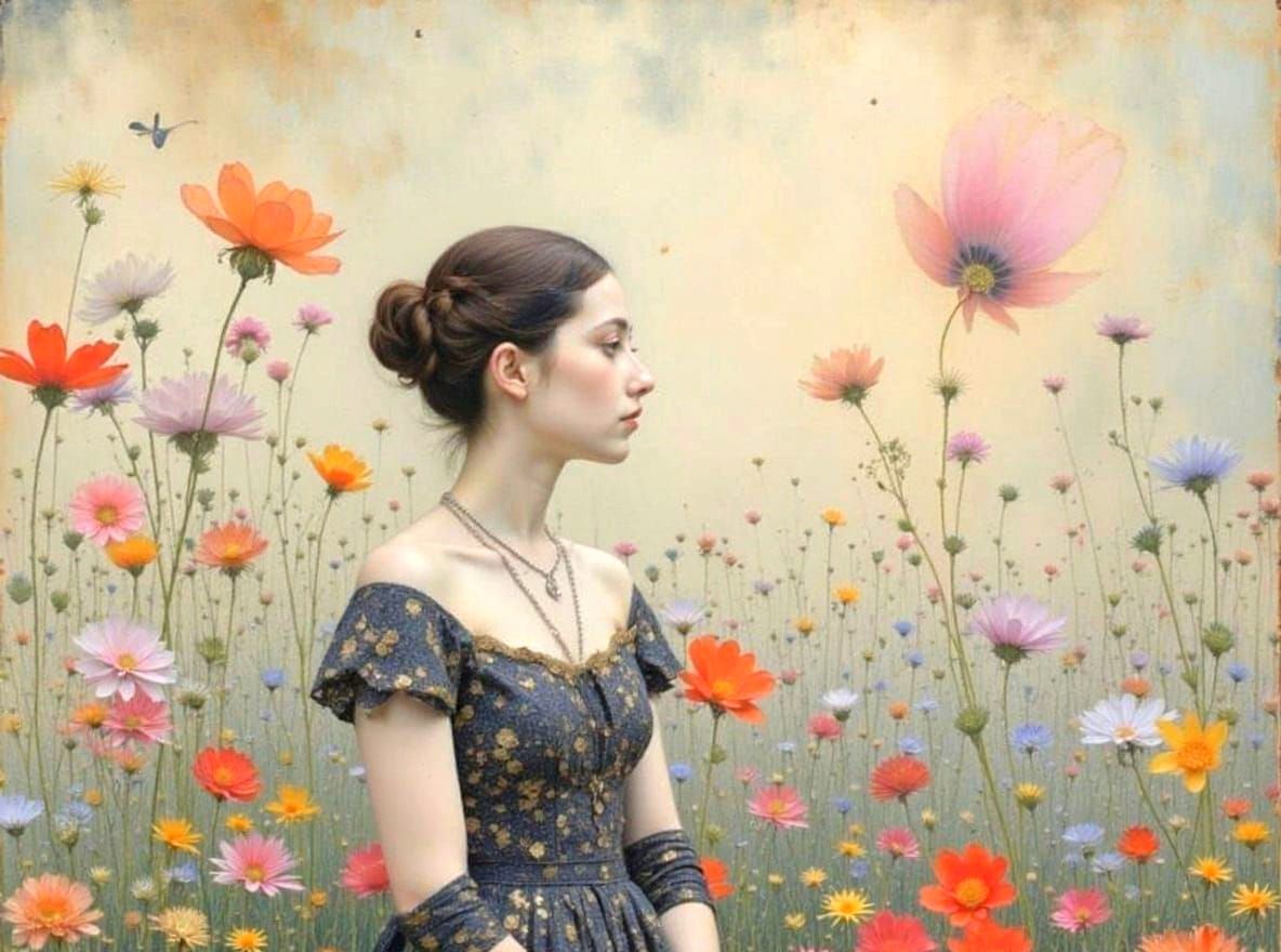 Woman with Floral Background in Klimt Style