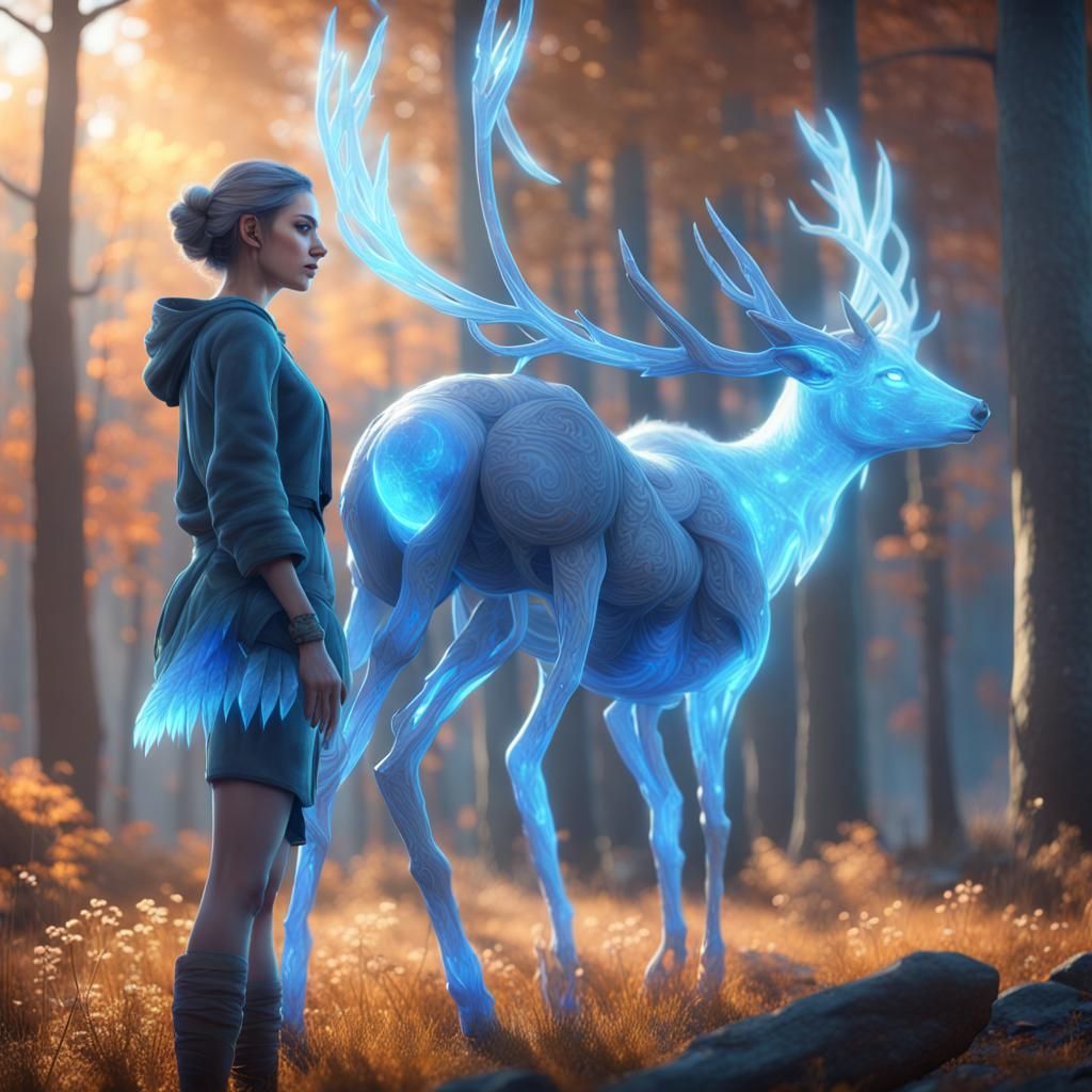 Woman and Spirit Deer: Dreamlike Crayon Art