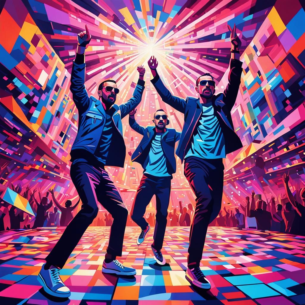 Cubist Painting of DJs Performing in Concert