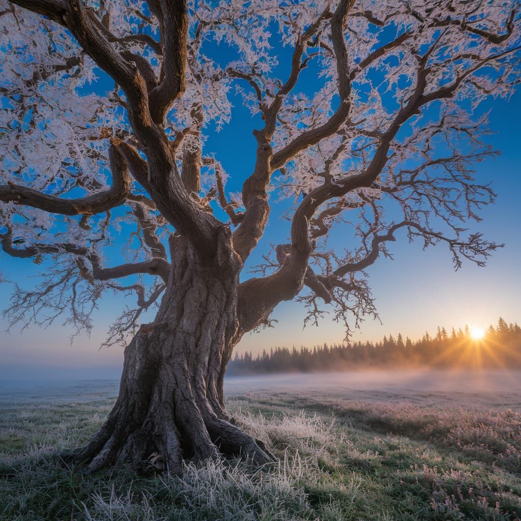 Ancient Oak Tree in Golden Twilight with Frost