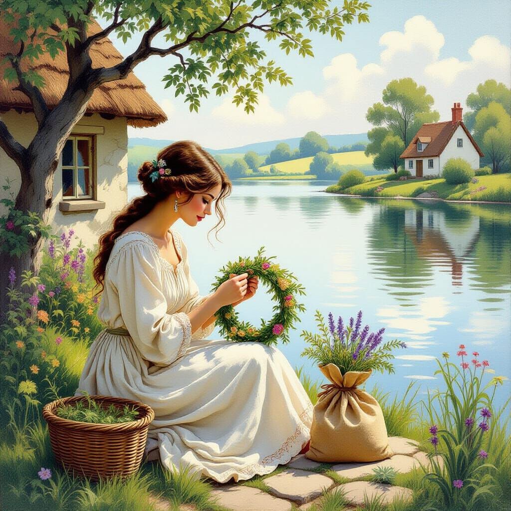 Woman Weaving Wreath at Cottage in Matte Painting Style