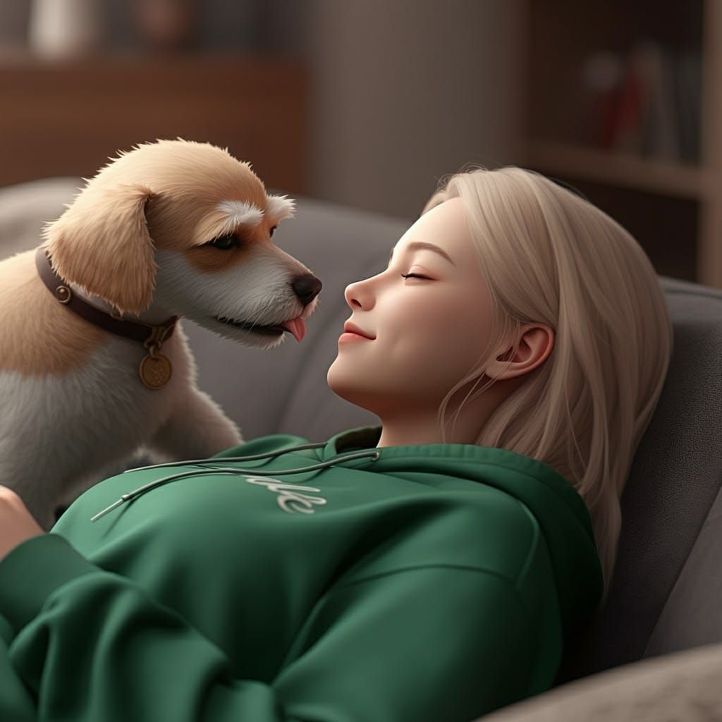 Woman and Schnauzer Nose Lick: 3D Anime Art