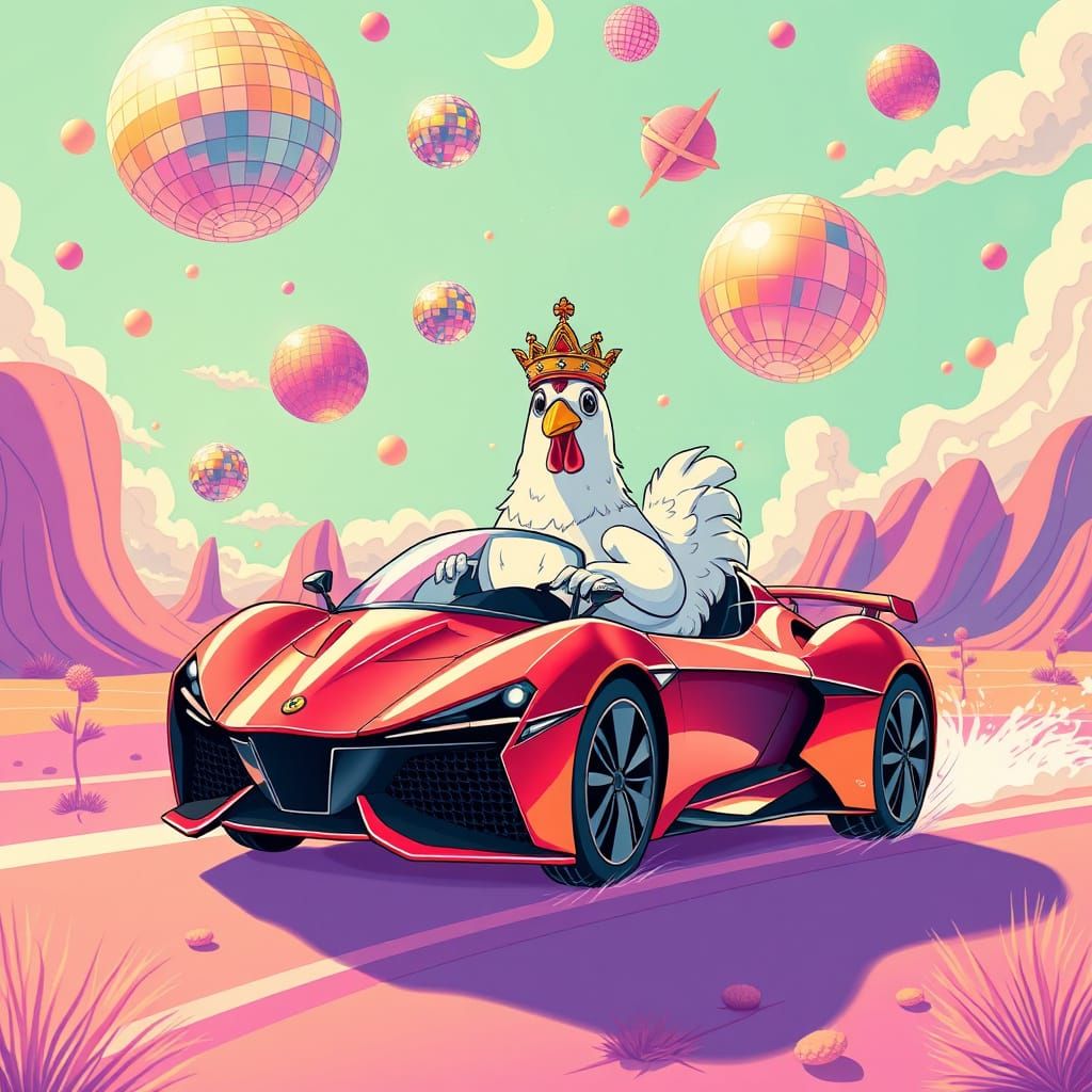 A whimsical chicken wearing a tiny, ornate crown, rides a sl...