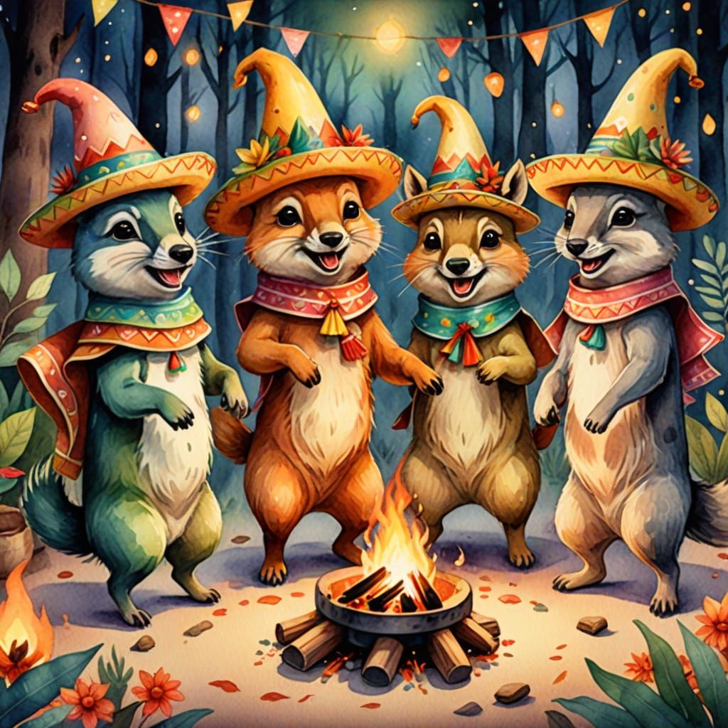 Festive Forest Animals Fiesta in Watercolor
