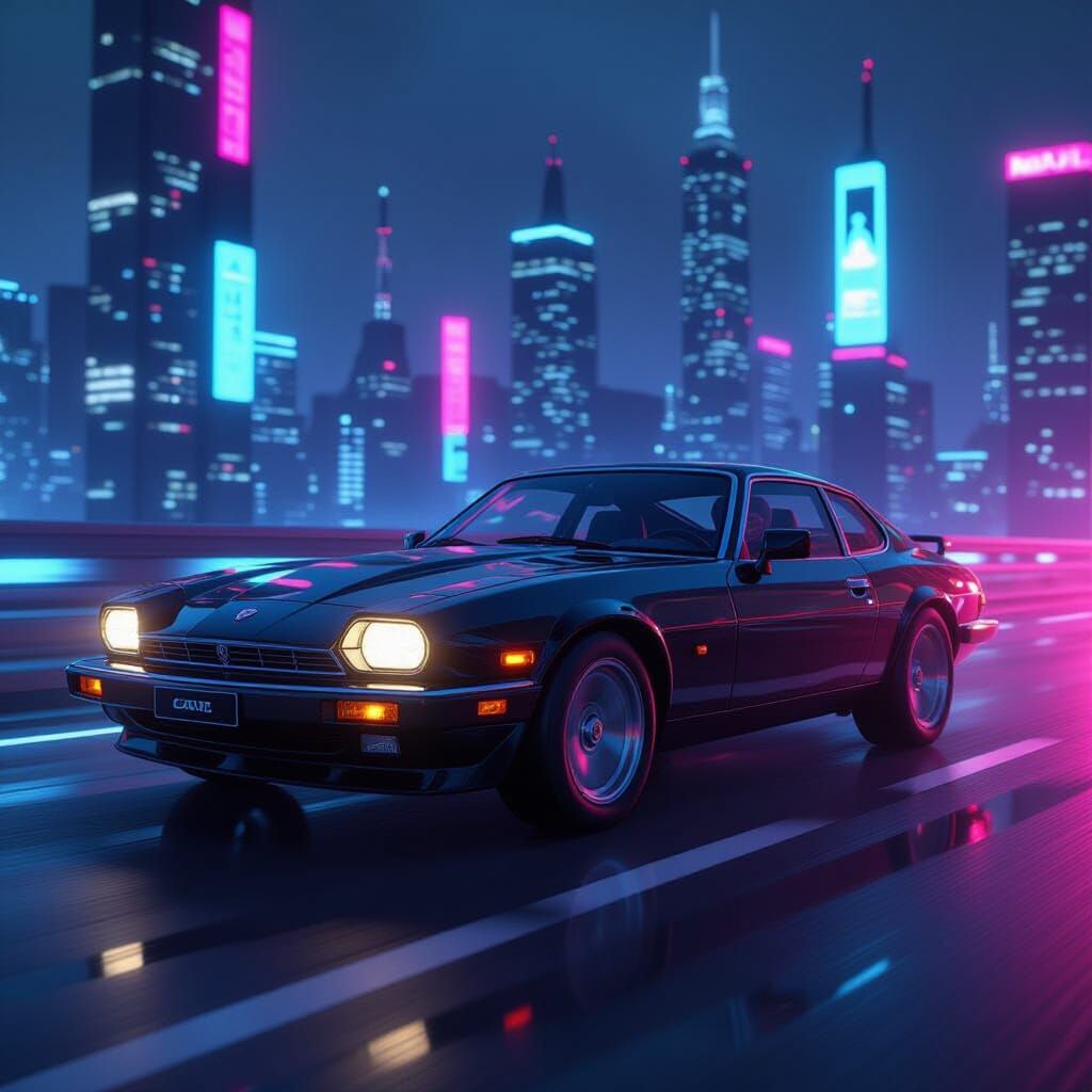 Futuristic 1986 Jaguar in Neon Cityscape