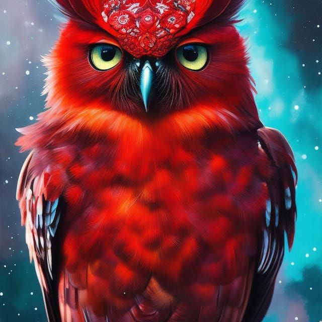 Intricate Red Owl Liquid Ink Portrait