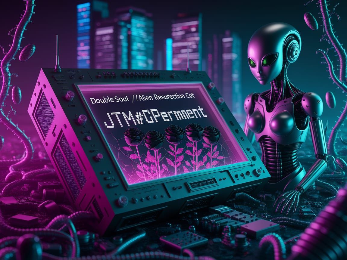 Neon Junkyard AI Core with Biomechanical Aurora