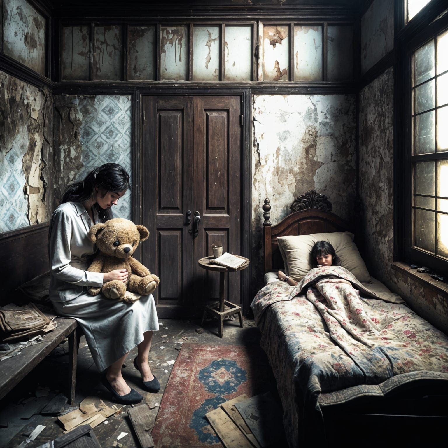 Abandoned Bedroom Scene with Asian Businesswoman