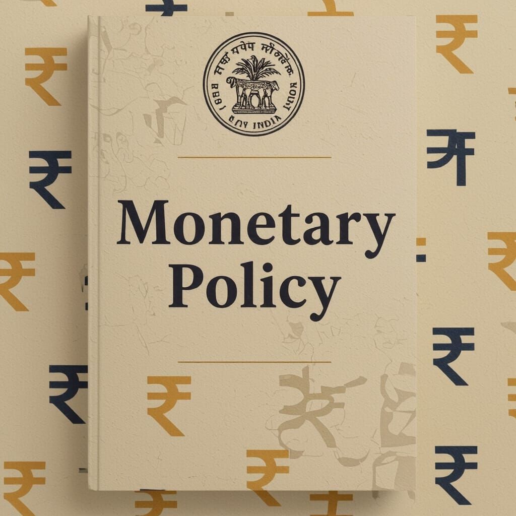 Monetary Policy Cover Page with RBI Emblem & Rupee Symbols