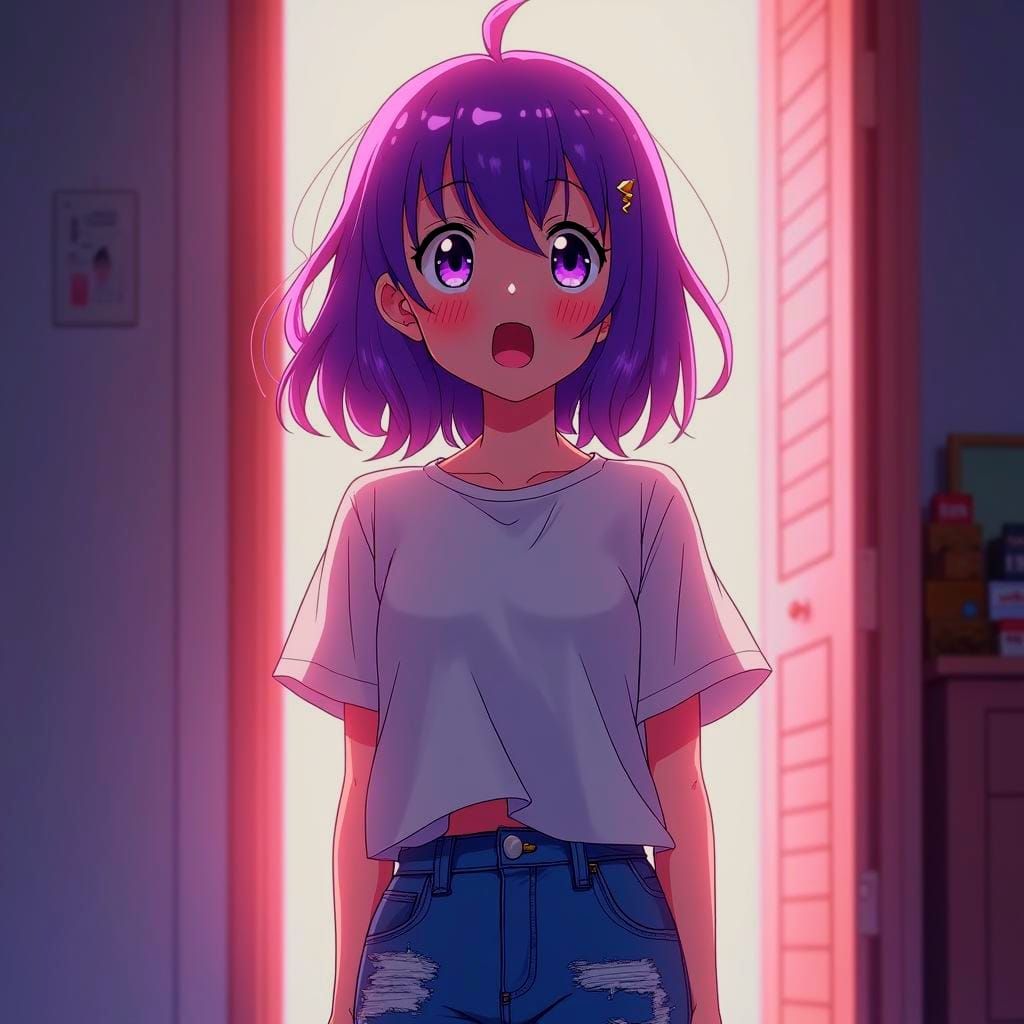 Surprised Girl with Purple Hair: Anime Style