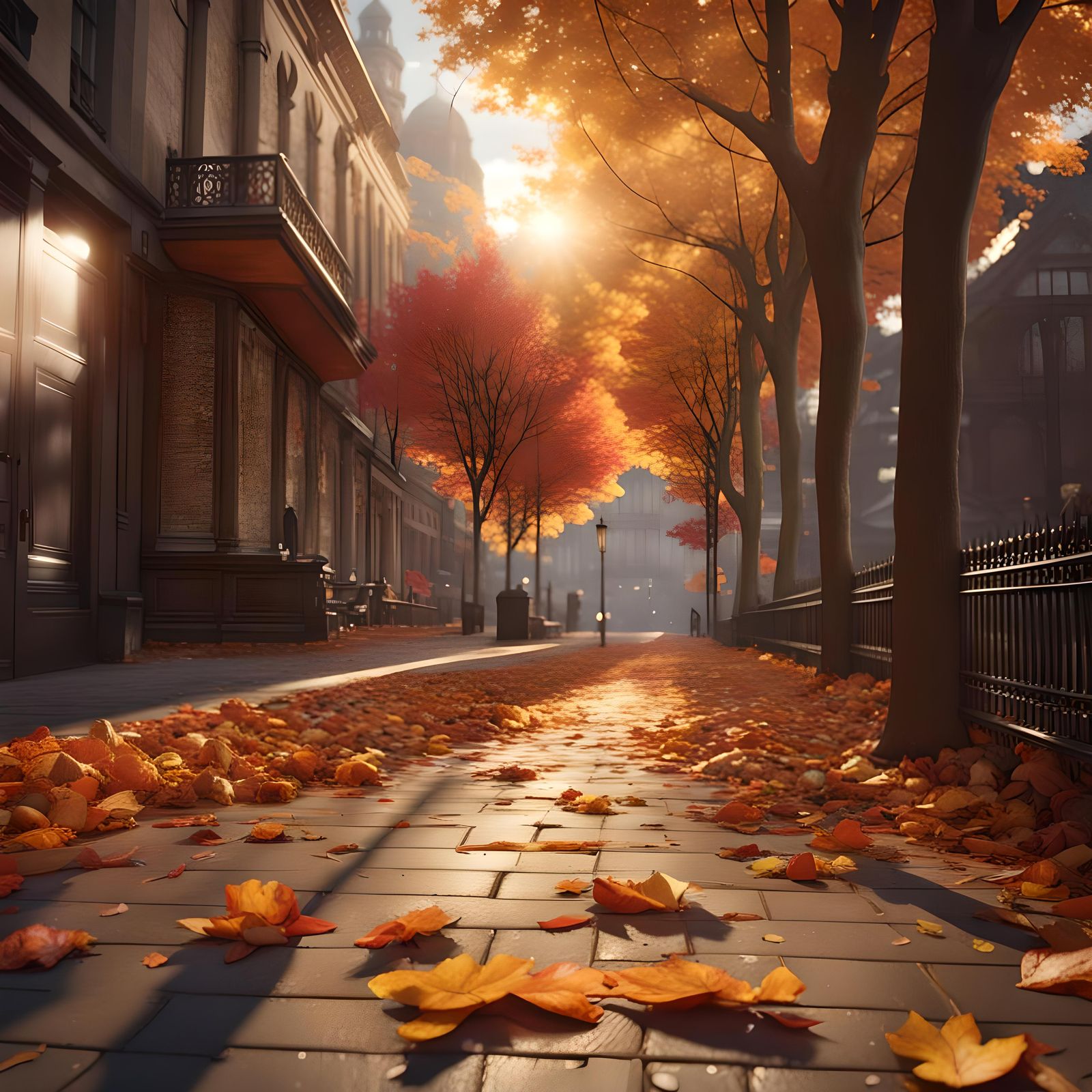 Autumn Sunlight on Falling Leaves: Digital Art