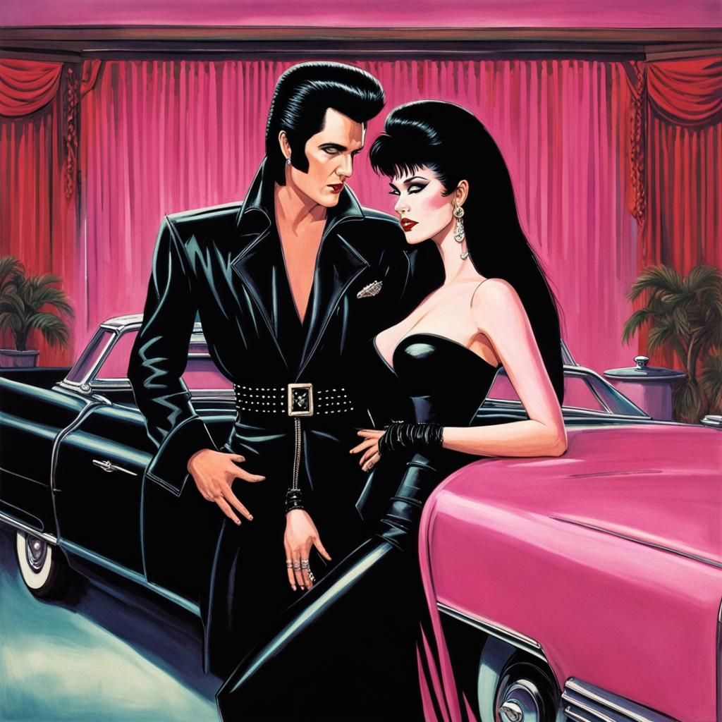Elvira and Elvis on a Date in Pink Cadillac