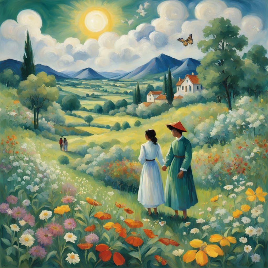 Diverse People Bask in Harmony beneath Dreamy Skies