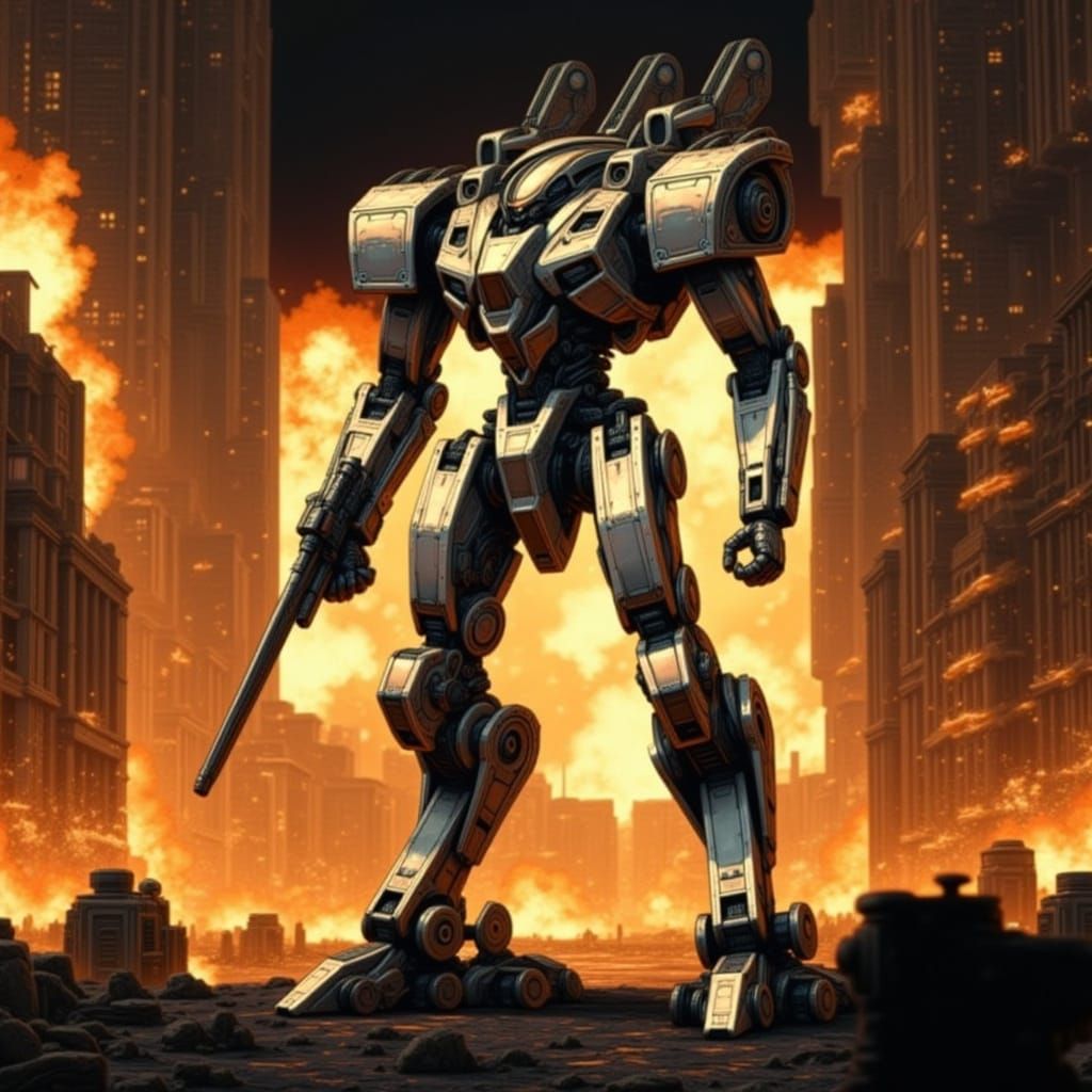 Golden Mecha Amidst Urban Ruins