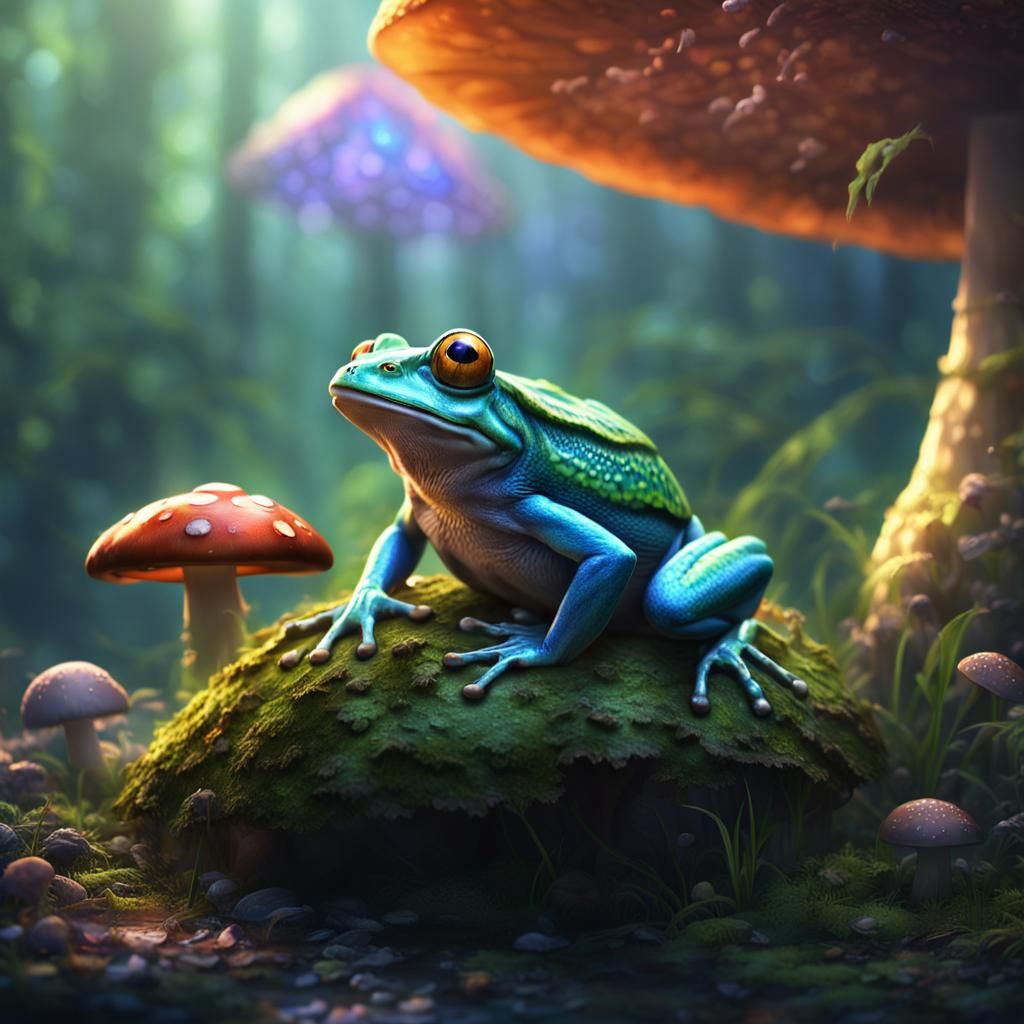 Frog on Mushroom with Fly, Detailed Matte Painting