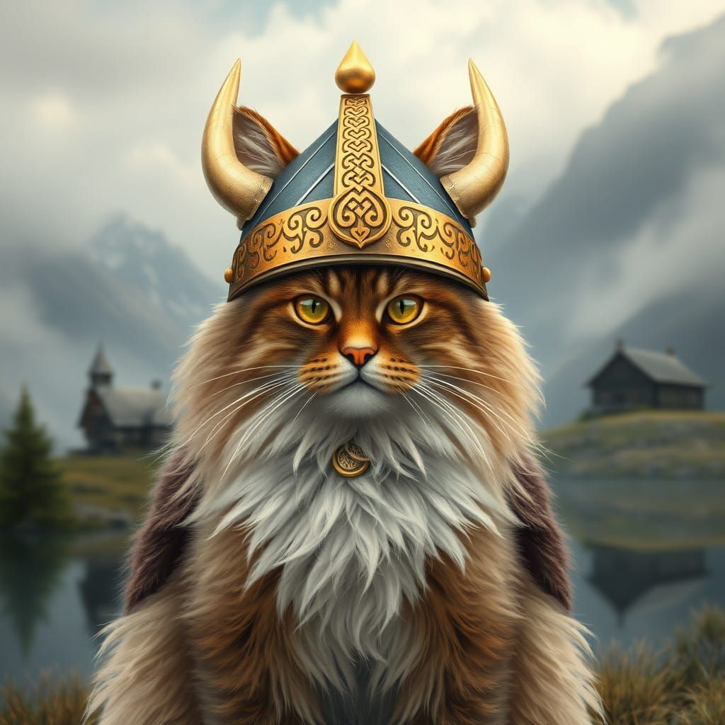 Viking Maine Coon in Whimsical Fantasy Realism Style