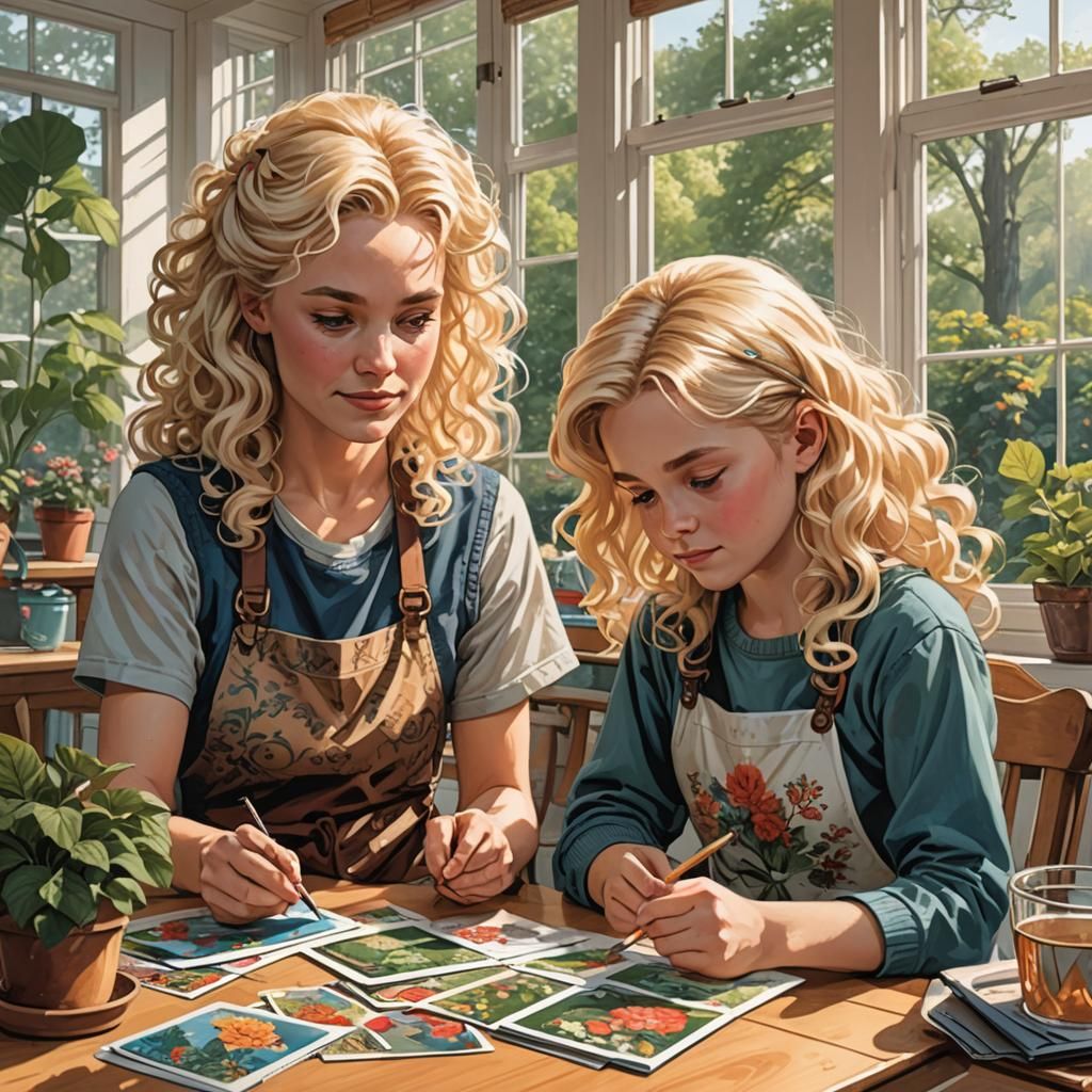2 blonde young granddaughters in the sunroom learning how to...