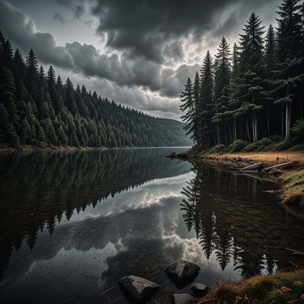 Rain-Soaked Lake Shore with Soft Light