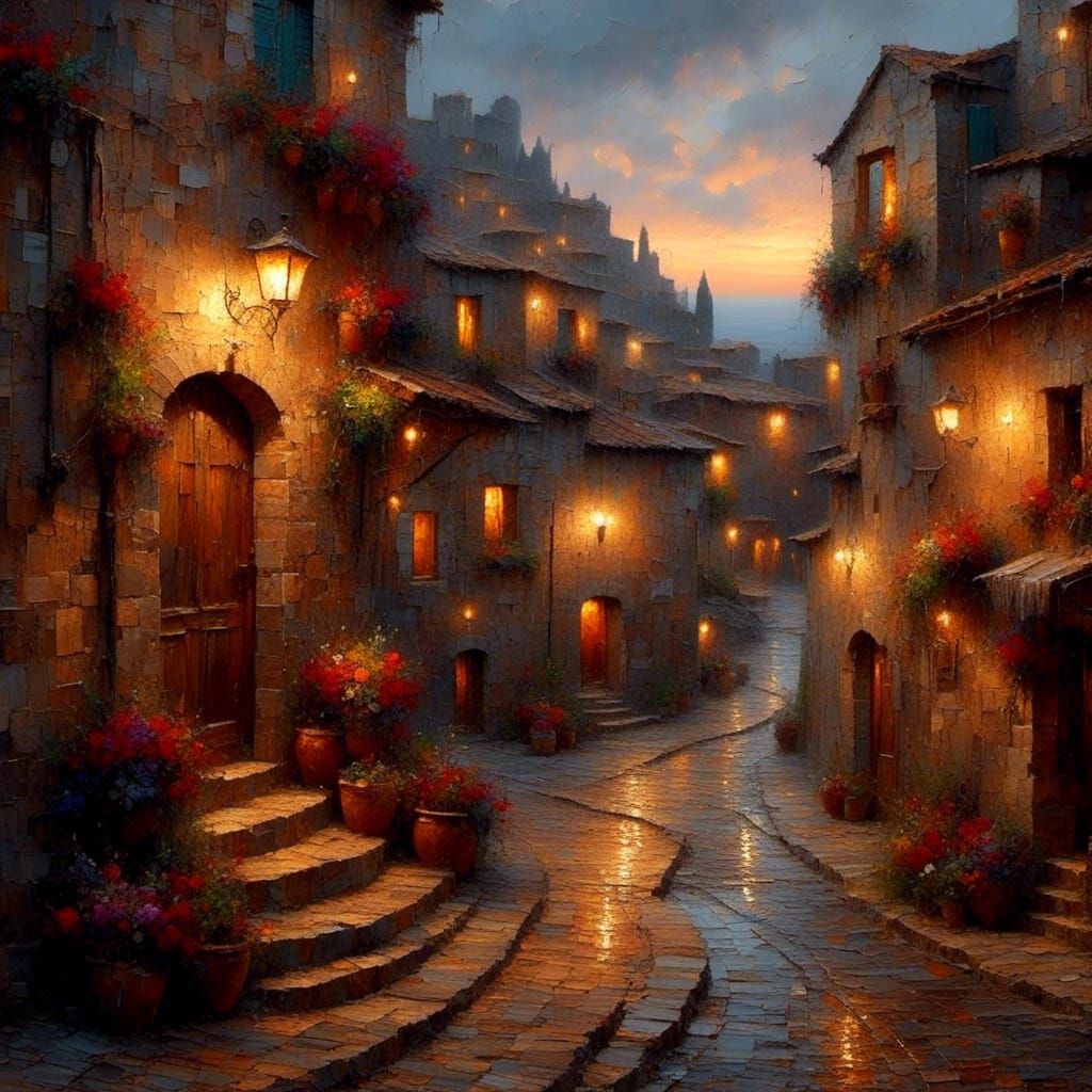 Sunset on Wet Cobblestone Street in Ancient Town