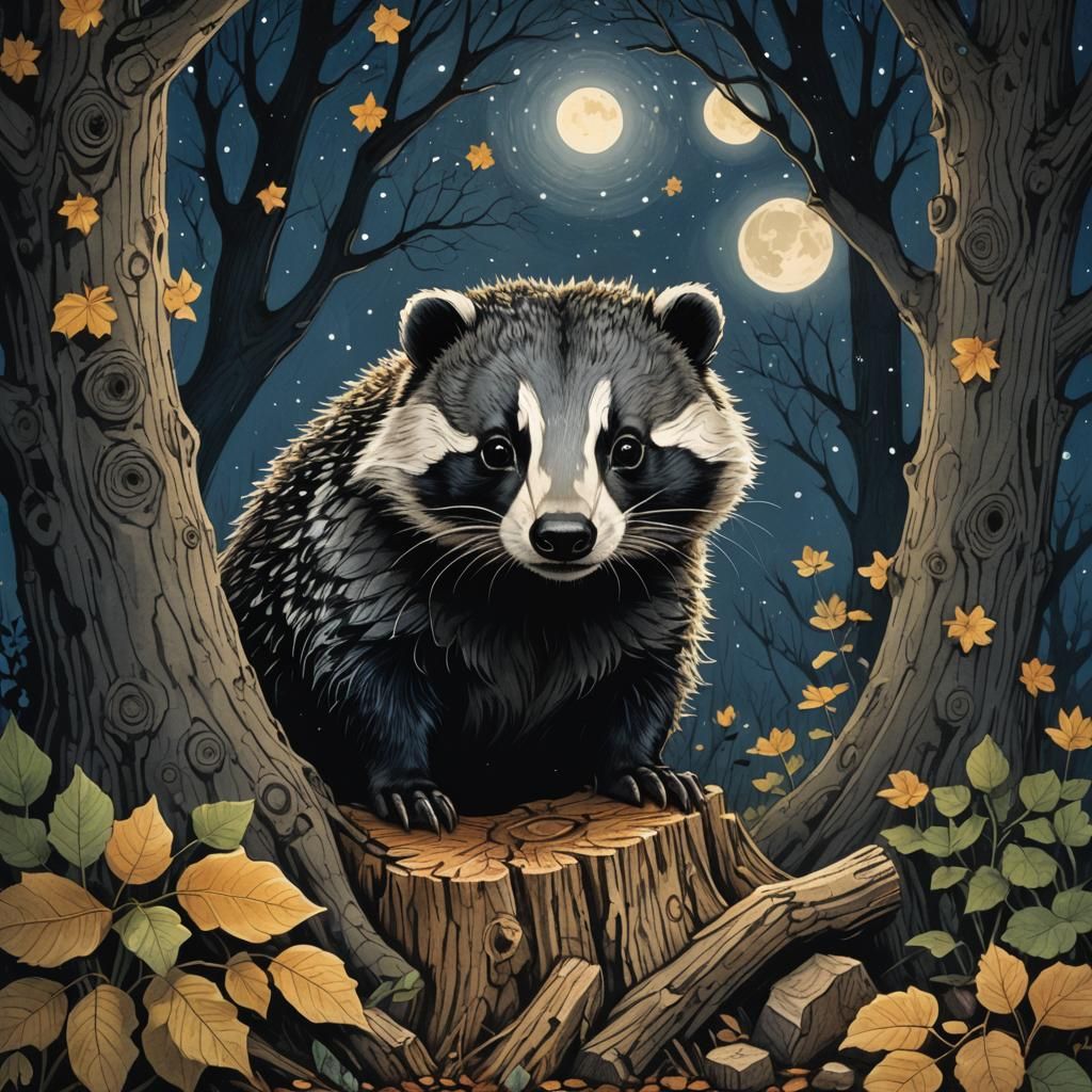 Cute fluffy badger peeking out of a hole in a tree stump und...