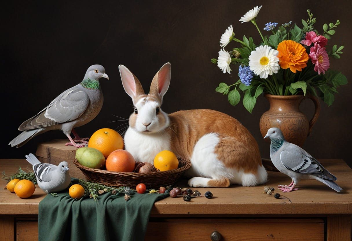 Still life with Rabbit, pigeon and cat