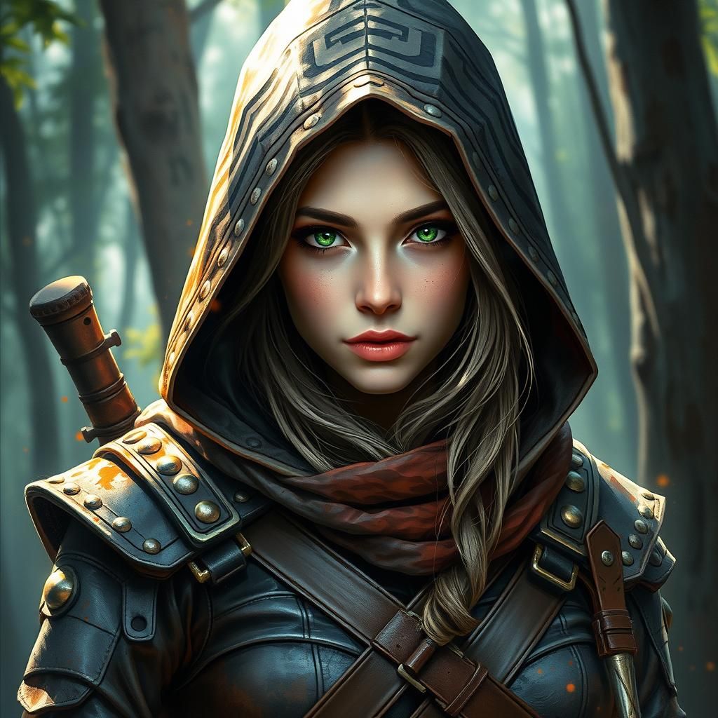 Green-Eyed Rogue in Forest, Watercolor Cell Shaded