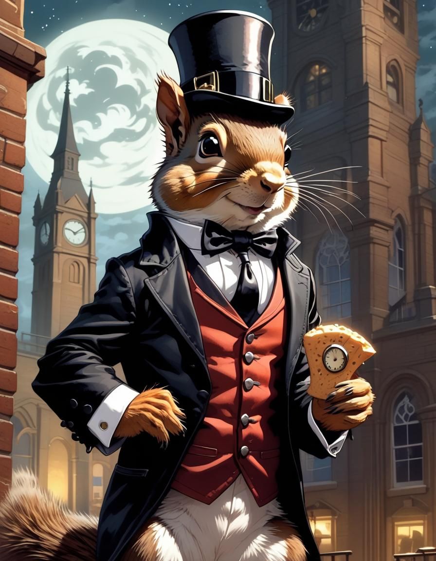 Squirrel Gentleman in Gothic Fashion Posing at Night